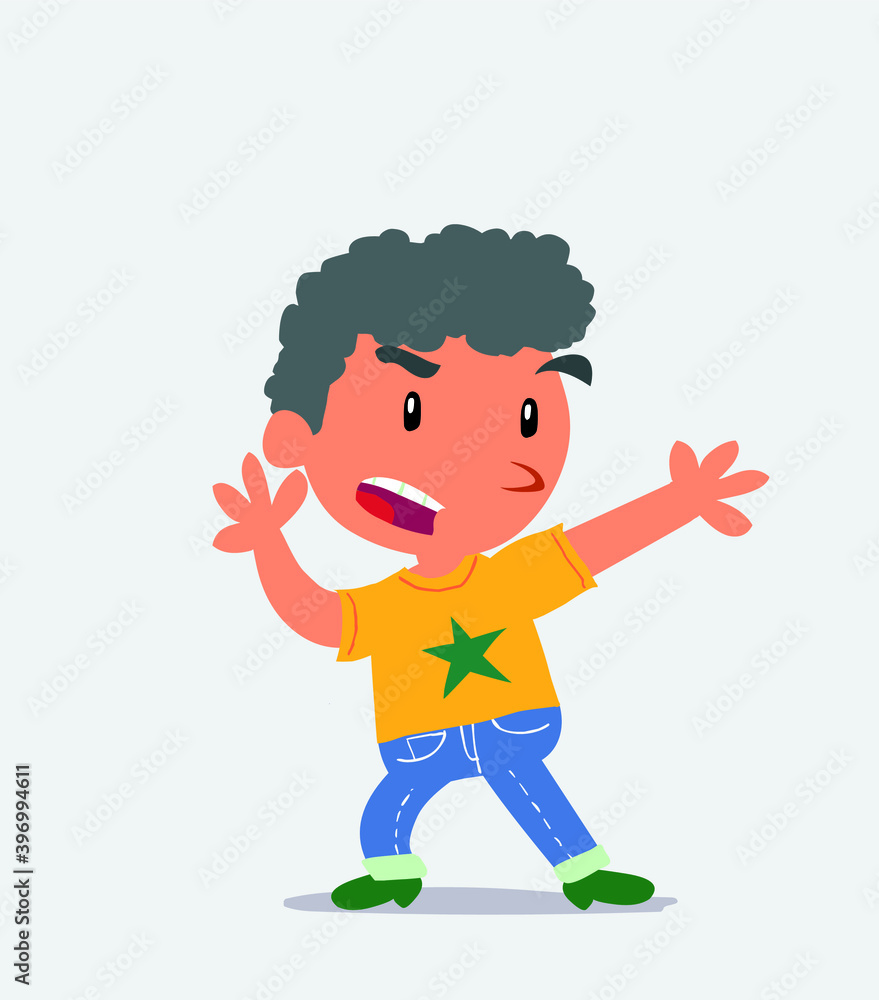 cartoon character of little boy on jeans arguing angry