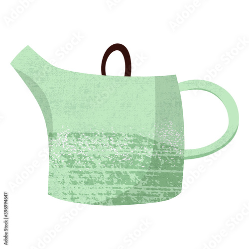 Ceramic kettle for tea. Retro style teapot. Colored cute pottery isolated on white background. Kitchen crockery item. Hand drawn flat illustration