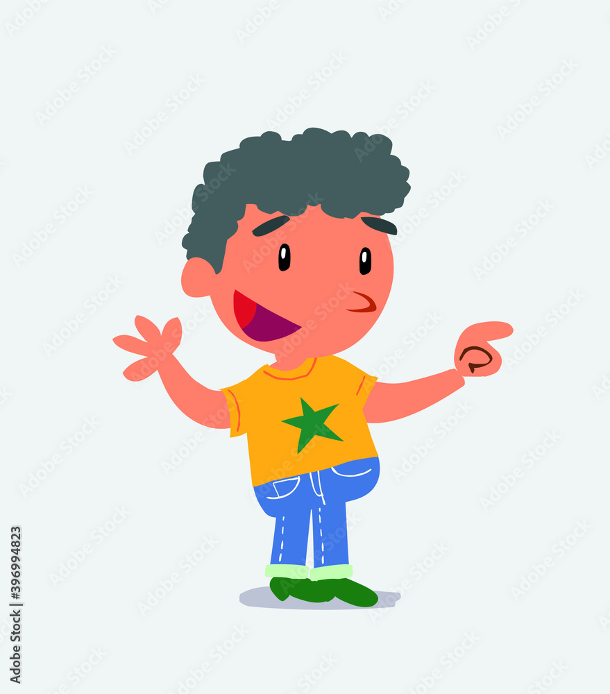cartoon character of little boy on jeans smiling while pointing cartoon character of little boy on jeans smiling while pointing