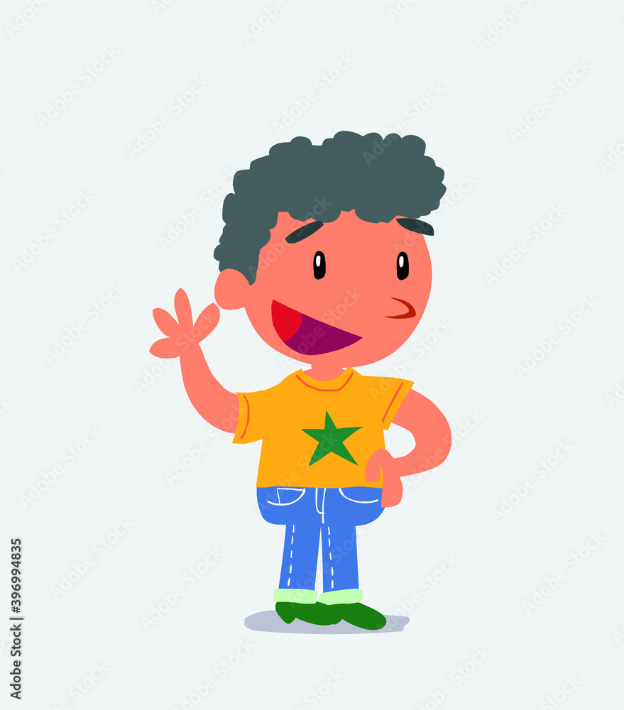 cartoon character of little boy on jeans waving happily. cartoon character of little boy on jeans waving happily.