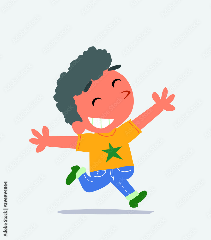 cartoon of little boy on jeans running euphoric. cartoon of little boy on jeans running euphoric.