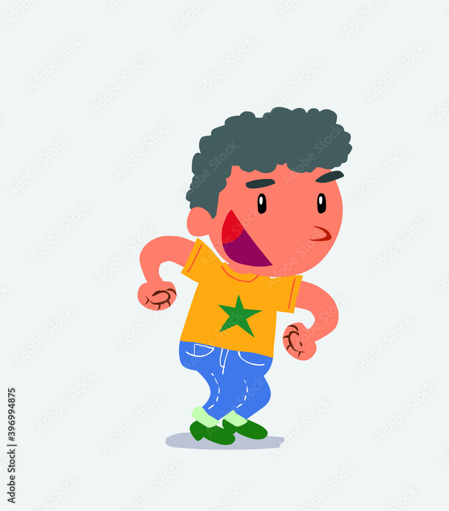 Euphoric cartoon character of little boy on jeans makes plans Euphoric cartoon character of little boy on jeans makes plans