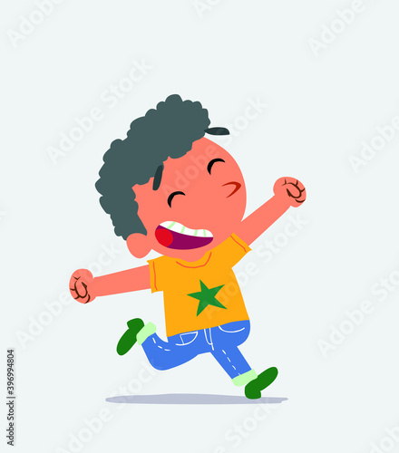 cartoon character of little boy on jeans running very euphoric