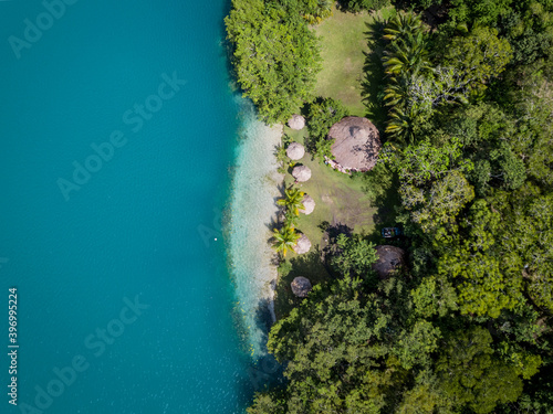 Ariel view of a private beach in Bacalar Mexico. 