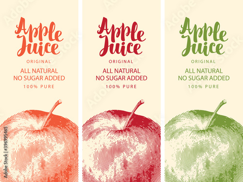 Set of vector labels for natural apple juice with a realistic image of an apple and calligraphic inscription in retro style