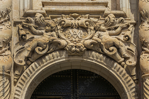 Elche Santa Maria Basilica (XVII century) at Plaza de Santa Maria is built on the foundations of old mosque. Architectural fragments of Venetian baroque facade of Santa Maria Basilica. Elche, Spain.