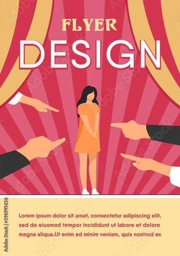 Depressed sad woman standing as victim flat vector illustration. Surrounded girl and fingers pointing at her. Conviction, indictment and social denunciation concept.