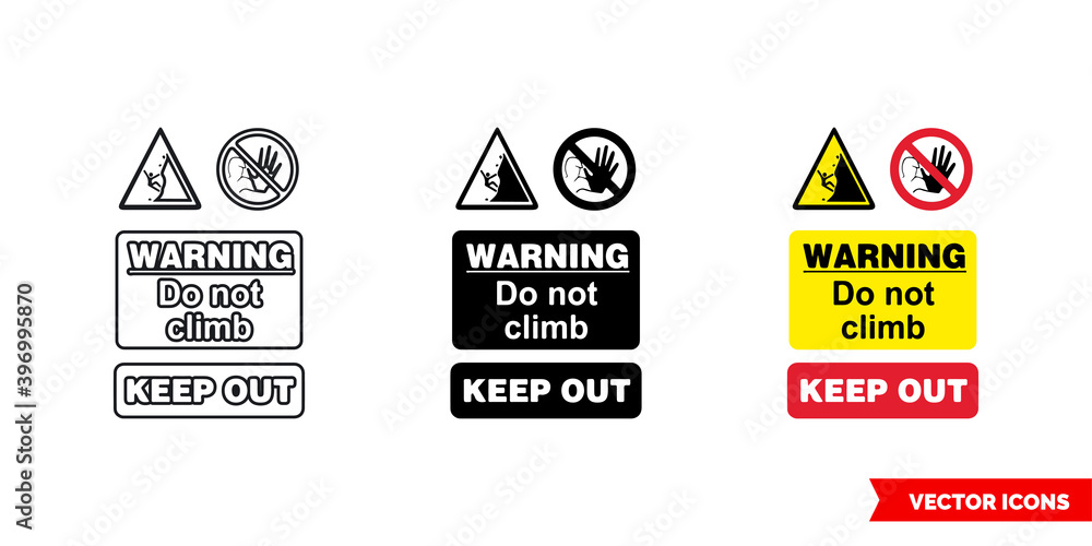 Quarry notice sign warning do not climb keep out icon of 3 types color, black and white, outline. Isolated vector sign symbol.