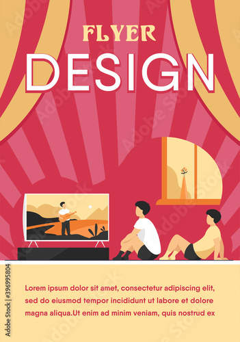Children watching movie or show at home. Boys sitting at TV screen. Vector illustration for video, broadcasting, channel for kids concept
