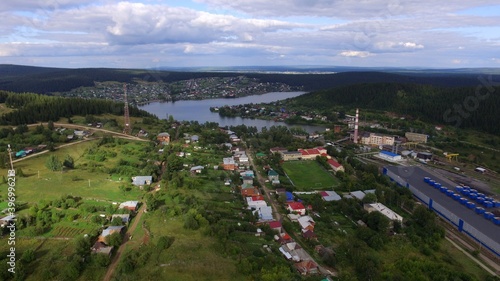 A small town of Nizhniye Earrings Sverdlovsk region from a bird's eye view shooting from a quadrocopter