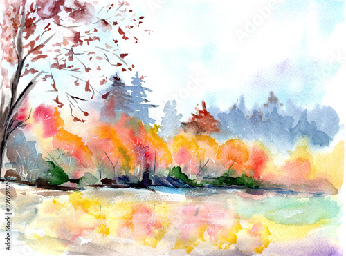 Illustration of an bright autumn illustration of misty forest on tle lake