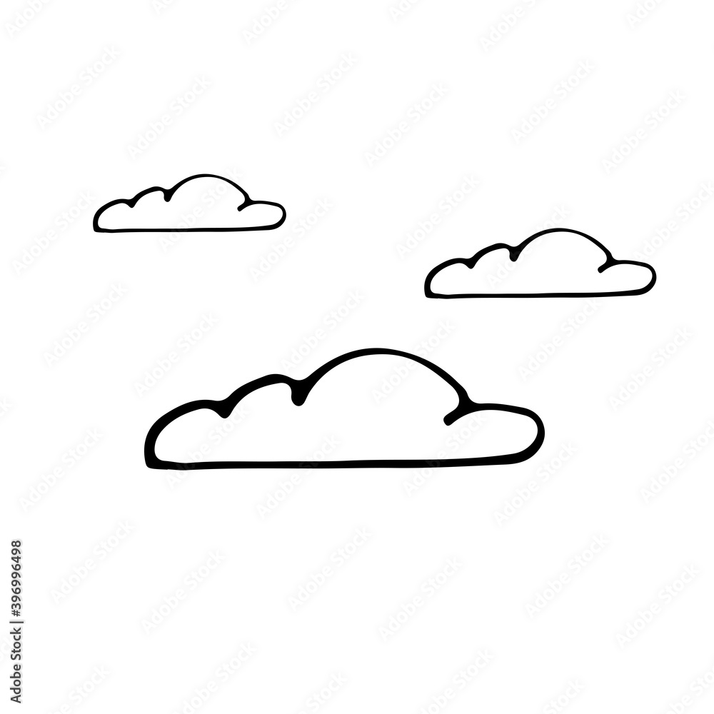 Naklejka Cloud curly hand drawn doodle illustration in cartoon vector style. Black and white sketch. Vector.