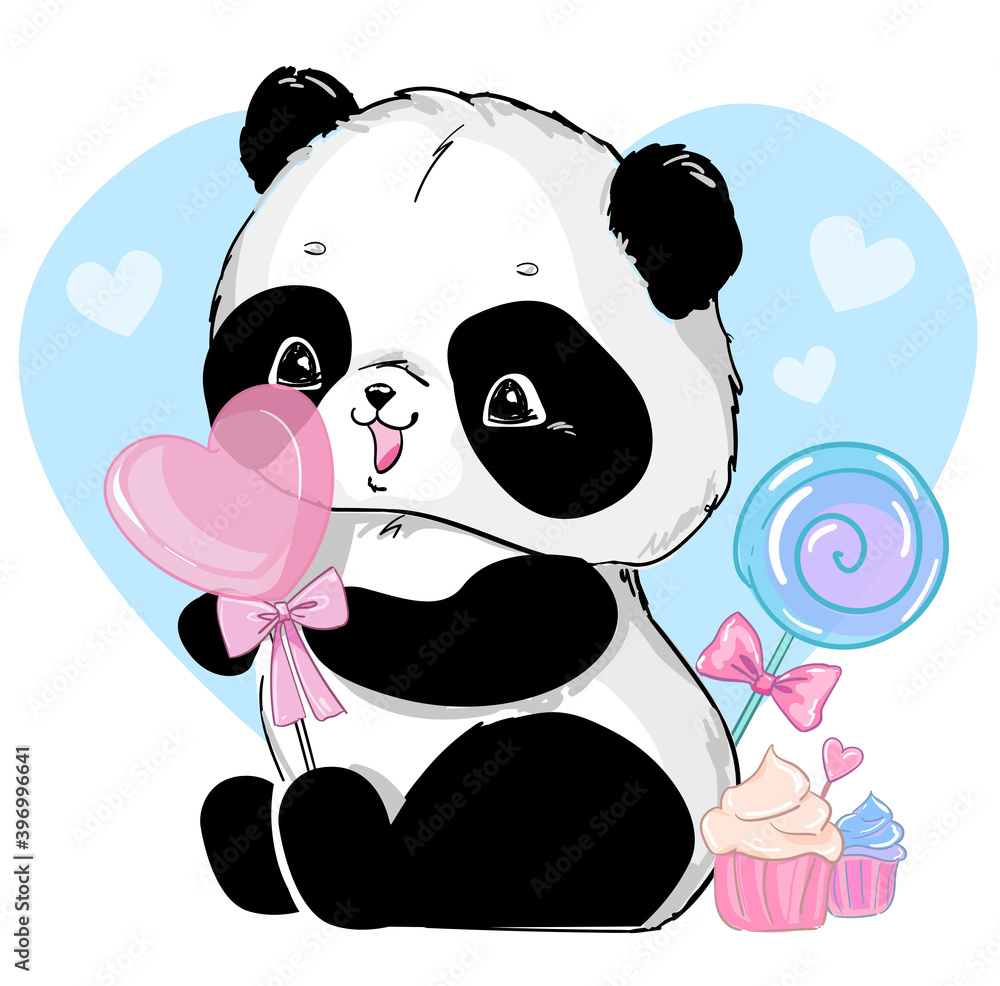 Obraz premium Panda bear with candy heart vector illustration and blue background heart