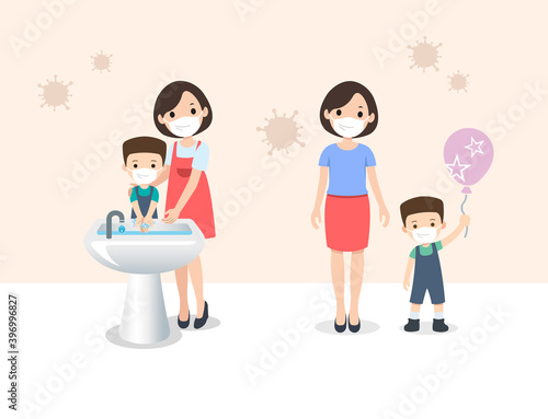 COVID-19 Prevention, Wearing Mask, Washing Hands, Family, Mom, Son