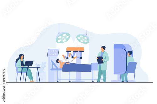 Robot operating on patient. Surgeons monitoring robotic arms work in operating room. Vector illustration for modern technology in surgery, surgical equipment concept