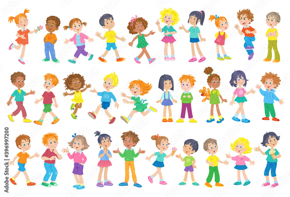Set of funny kids. Multicultural children with different colors of skin and hair in different poses and relationships. In cartoon style. Isolated on  white background. Vector illustration.