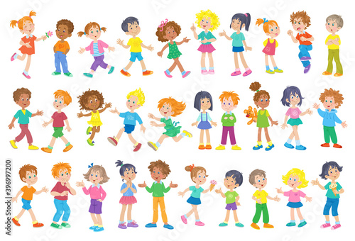 Set of funny kids. Multicultural children with different colors of skin and hair in different poses and relationships. In cartoon style. Isolated on white background. Vector illustration.