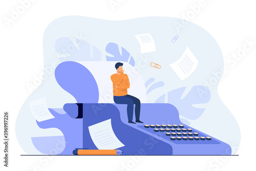 Tiny screenwriter sitting on retro typewriter, thinking screenplay while paper drafts flying around author. Vector illustration for creative job, book or story writing concept