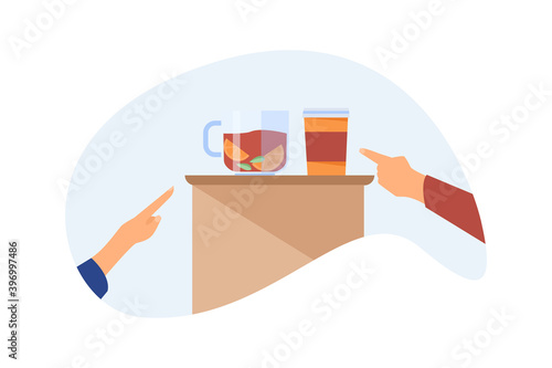 People choosing hot drinks. Customers hands pointing at mug of tea or cup of takeaway coffee flat vector illustration. Hot drink, coffee shop concept for banner, website design or landing web page