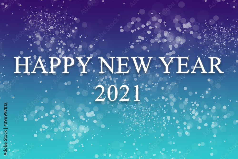 Happy New Year 2021 mit vielen Lichtpunkten und Lichtreflexen vor einem blauen Hintergrund Happy New Year 2021 mit vielen Lichtpunkten und Lichtreflexen vor einem blauen Hintergrund