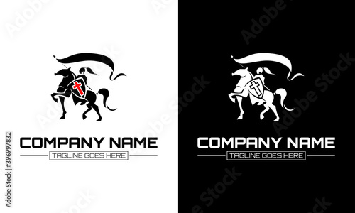 Ilustration vector graphic of  A knight on a horse carrying a flag and shield.