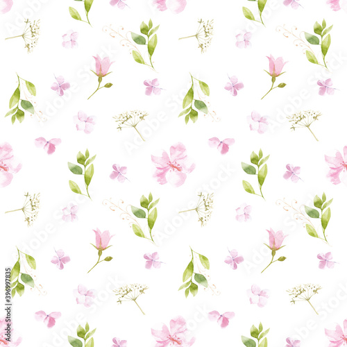 Watercolor patterns. Pink flowers and green leaves on a white background. 
