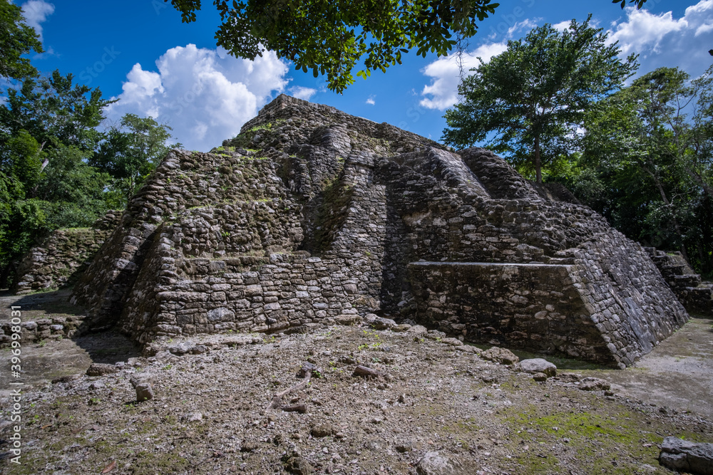 Details of Ichkabal pyramid. Mayan archeological site. Hidden pyramid. Uncovered pyramid.