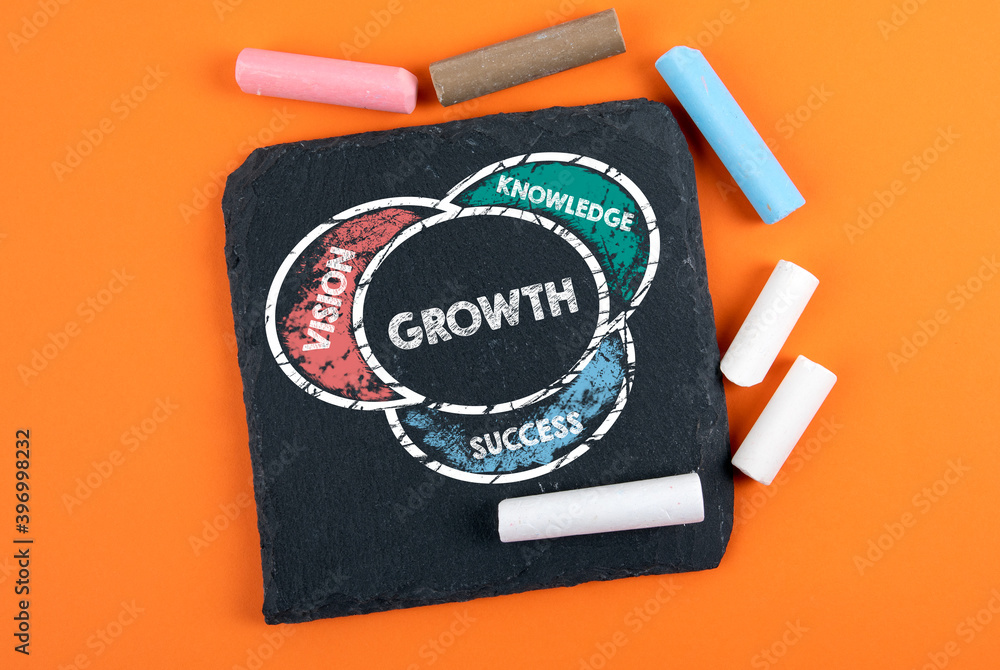 GROWTH. Vision, Knowledge and Success concept. Text on a stone surface GROWTH. Vision, Knowledge and Success concept. Text on a stone surface
