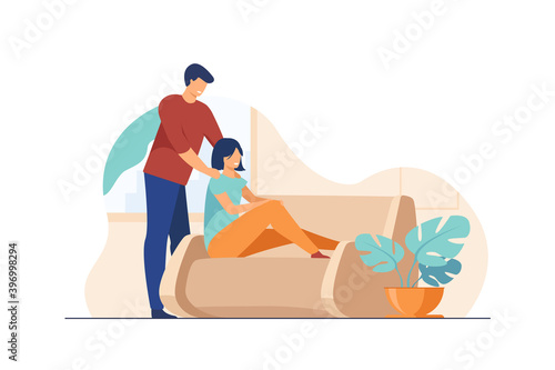 Happy young couple at home. Cheerful guy massaging shoulders of his girlfriend flat vector illustration. Relationship, comfort, relaxing concept for banner, website design or landing web page