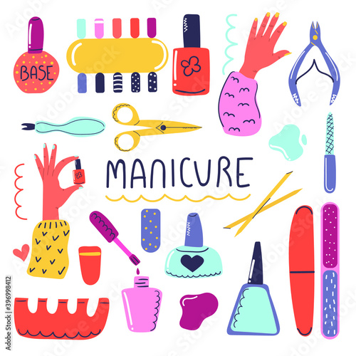 Big hand drawn Set of cosmetic products for nail care. Manicure tools, nail polish, nail file, nail scissors, hands. Flat illustration.