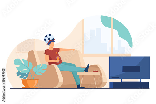 Football fan watching match on TV. Young man on couch with beer and soccer ball flat vector illustration. Sport team support, entertainment concept for banner, website design or landing web page
