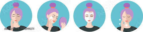 Face care. Skin problems, acne and inflammation. Cleaning infographics. Skin care routine. Acne skin care steps. Steps how to apply facial cream. Vector isolated illustrations set.