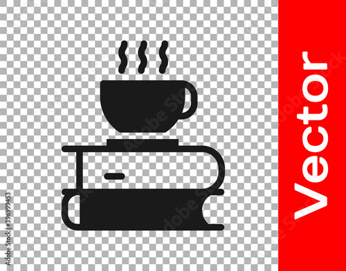 Black Coffee cup and book icon isolated on transparent background. Tea cup. Hot drink coffee. Vector Illustration.