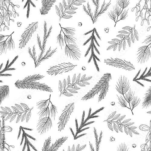Seamless pattern with hand drawn cones,xmas tree. Christmas vector illustration.