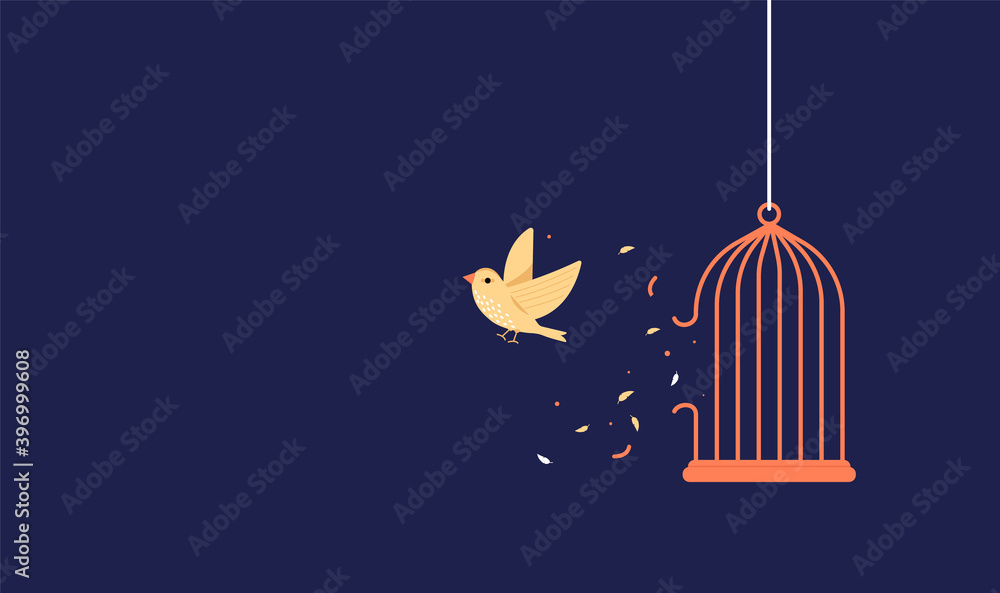 Bird breaking out of cage to gain freedom - Vector illustration with copy  space for text. Stock Vector | Adobe Stock