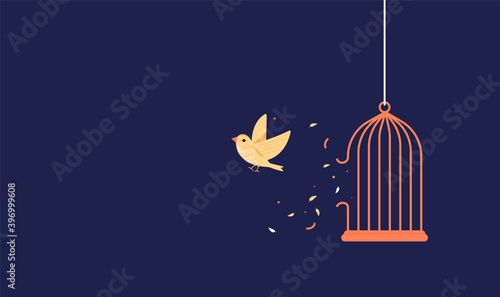 Bird breaking out of cage to gain freedom - Vector illustration with copy space for text. photo