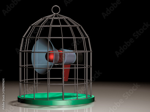 Loudspeaker megaphone on a bird cage. 3D rendering.