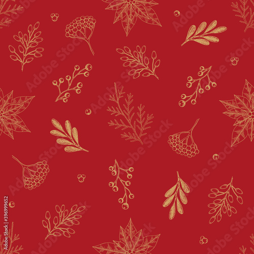 Xmas Seamless pattern with Christmas Tree Decorations, Pine Branches hand drawn art design vector illustration.