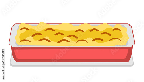 Isolated cooking pot of casserole. Illustration vector flat cartoon of food on happy Thanksgiving menu on dinner table as feast concept. Illustration of traditional shepherd pie in casserole.