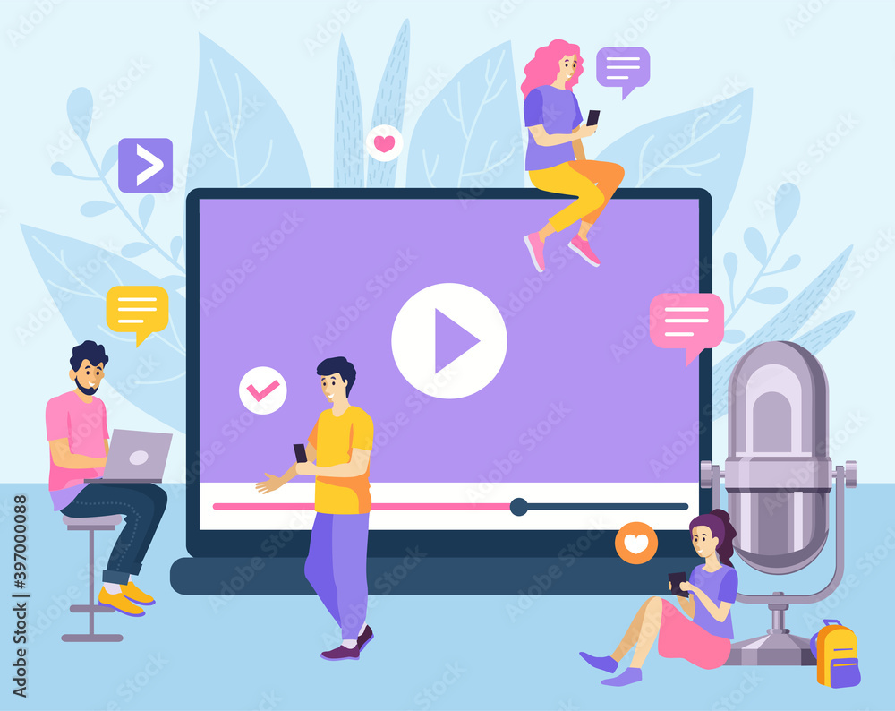 Live streaming, broadcast concept. People watching and sharing online video. Digital internet television, web videos player or social media live stream vector concept illustration. Online video stream