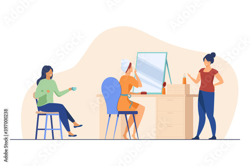 Woman applying makeup while chatting with female friends. Girls preparing for party together flat vector illustration. Friendship, beauty care concept for banner, website design or landing web page