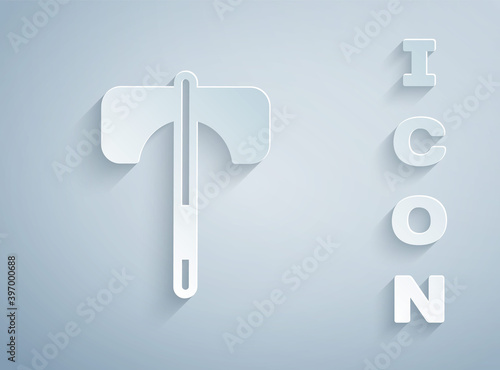 Paper cut Medieval axe icon isolated on grey background. Battle axe, executioner axe. Medieval weapon. Paper art style. Vector.