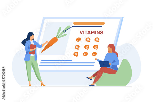 Women studying vitamins in organic food. Nutritionist presenting fresh vegetable on screen flat vector illustration. Healthy nutrition, diet concept for banner, website design or landing web page