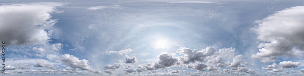clear blue sky with white beautiful clouds. Seamless hdri panorama 360 degrees angle view  with zenith for use in 3d graphics or game development as sky dome or edit drone shot