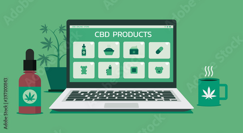 cannabis, hemp or marijuana online shopping and e-commerce website store with CBD products on laptop and cannabidiol oil bottle place in front of computer, vector flat illustration