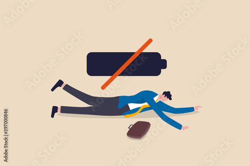 Fatigue exhausted office worker, burnout from overwork routine or run out of inspiration concept, fatigue tried businessman in suit lay down on the floor with his suitcase with no battery sign.