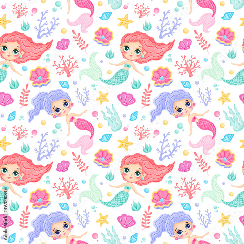 Cute cartoon mermaids seamless pattern. Underwater pattern. Ocean pattern. Fairy tale pattern.