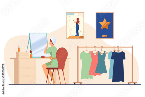 Celebrity preparing for show in makeup room. Woman at mirror, dresses on hangers flat vector illustration. Show business, beauty care concept for banner, website design or landing web page