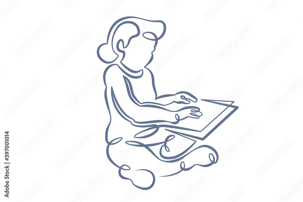 Portrait of a young woman girl reading an open book a textbook. Training and education.One line continuous thick bold single drawn art doodle isolated hand drawn outline logo illustration.
