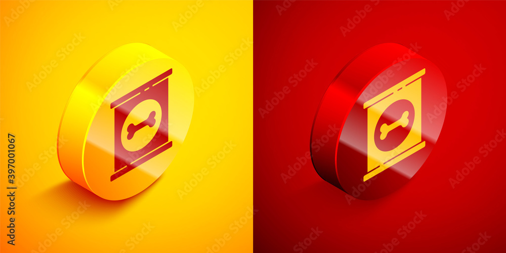 Isometric Canned food icon isolated on orange and red background. Food for animals. Pet food can. Dog bone sign. Circle button. Vector. Isometric Canned food icon isolated on orange and red background. Food for animals. Pet food can. Dog bone sign. Circle button. Vector.